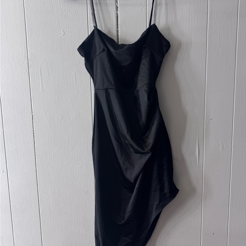 Black Asymmetrical Wrap Slip Dress